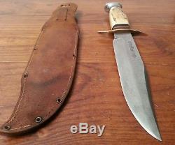 Vintage XL Solingen Germany Bowie knife Stag bone fighting hunting skiner & case