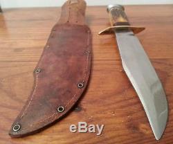 Vintage XL Solingen Germany Bowie knife Stag bone fighting hunting skinner /case