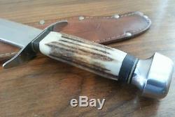 Vintage XL Solingen Germany knife Wildcat Stag bone fight bowie hunting withcase