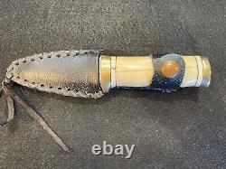 Vintage custom made hunting knife bone and brass handle gut hook Baltz 1978
