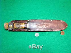 Vtg 1921 Sheath Hunt Blade US MARBLES Stag Stag 4 Pin Knife 1 ORIG leather case