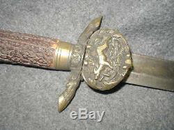 Vtg Antique Sword Hunting Dagger German Knife Brass & Antler Handle Stag Deer