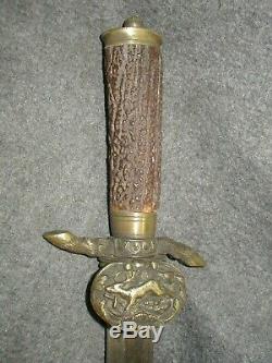 Vtg Antique Sword Hunting Dagger German Knife Brass & Antler Handle Stag Deer