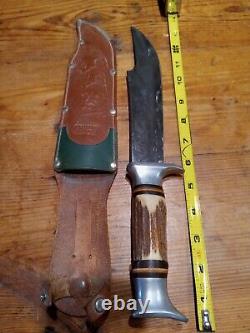 Vtg Edge Mark Brand 20469 Solingen Bowie hunting knife w leather sheath Stag