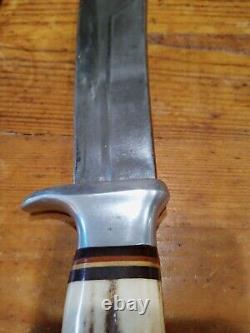Vtg Edge Mark Brand 20469 Solingen Bowie hunting knife w leather sheath Stag