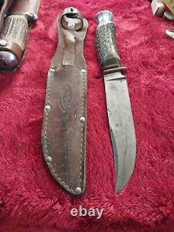 Vtg German hunting Knife Bowie Solingen Stag Bone Rare Old WithCase Eye Brand Carl