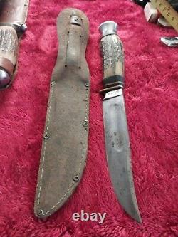 Vtg German hunting Knife Bowie Solingen Stag Bone Rare Old WithCase Eye Brand Carl