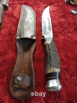 Vtg German hunting Knife Bowie Solingen Stag Bone Rare Old WithCase Eye Brand Carl