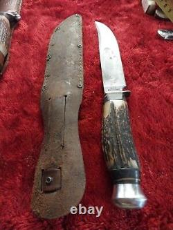 Vtg German hunting Knife Bowie Solingen Stag Bone Rare Old WithCase Eye Brand Carl