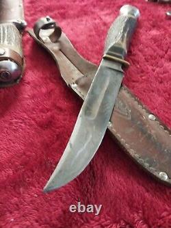 Vtg German hunting Knife Bowie Solingen Stag Bone Rare Old WithCase Eye Brand Carl