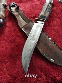 Vtg German hunting Knife Bowie Solingen Stag Bone Rare Old WithCase Eye Brand Carl