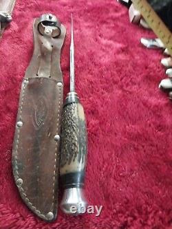 Vtg German hunting Knife Bowie Solingen Stag Bone Rare Old WithCase Eye Brand Carl