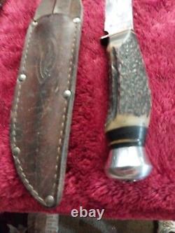 Vtg German hunting Knife Bowie Solingen Stag Bone Rare Old WithCase Eye Brand Carl