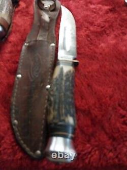 Vtg German hunting Knife Bowie Solingen Stag Bone Rare Old WithCase Eye Brand Carl