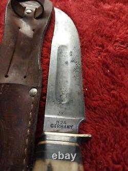 Vtg German hunting Knife Bowie Solingen Stag Bone Rare Old WithCase Eye Brand Carl