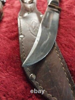 Vtg German hunting Knife Bowie Solingen Stag Bone Rare Old WithCase Eye Brand Carl