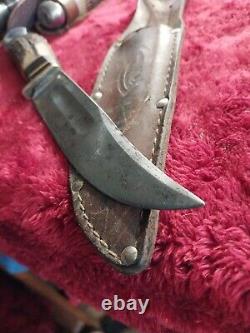 Vtg German hunting Knife Bowie Solingen Stag Bone Rare Old WithCase Eye Brand Carl