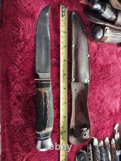 Vtg German hunting Knife Bowie Solingen Stag Bone Rare Old WithCase Eye Brand Carl