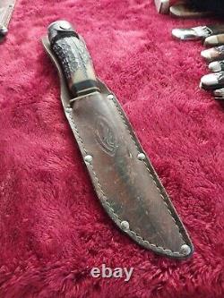 Vtg German hunting Knife Bowie Solingen Stag Bone Rare Old WithCase Eye Brand Carl