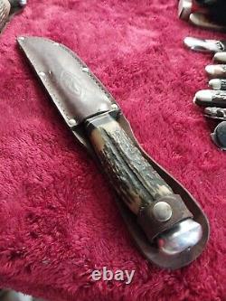 Vtg German hunting Knife Bowie Solingen Stag Bone Rare Old WithCase Eye Brand Carl