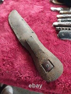 Vtg German hunting Knife Bowie Solingen Stag Bone Rare Old WithCase Eye Brand Carl