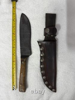 Vtg Hand Made USA Damascus fixed blade hunting knife With Leather Sheath (B12)