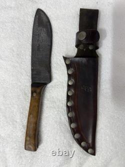 Vtg Hand Made USA Damascus fixed blade hunting knife With Leather Sheath (B12)