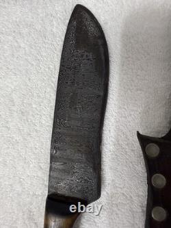 Vtg Hand Made USA Damascus fixed blade hunting knife With Leather Sheath (B12)