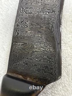 Vtg Hand Made USA Damascus fixed blade hunting knife With Leather Sheath (B12)