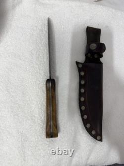 Vtg Hand Made USA Damascus fixed blade hunting knife With Leather Sheath (B12)