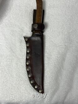 Vtg Hand Made USA Damascus fixed blade hunting knife With Leather Sheath (B12)