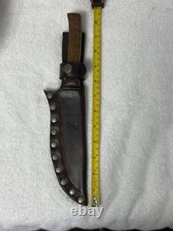 Vtg Hand Made USA Damascus fixed blade hunting knife With Leather Sheath (B12)