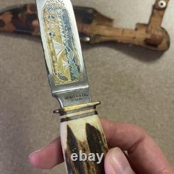 Vtg Henley & Co Solingen Germany Fixed Blade Knife Camping Scene Blade Stag