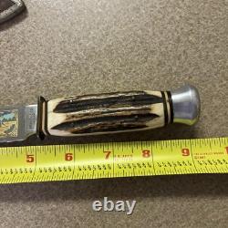 Vtg Henley & Co Solingen Germany Fixed Blade Knife Camping Scene Blade Stag