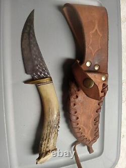 Vtg Ken Richardson Elk Handle, Handmade Hunting Knife, With Leather Sheath