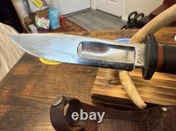 Vtg. Kinfolks Fixed Blade Knife Stacked Leather Handle w Sheath, Good Condition