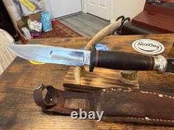 Vtg. Kinfolks Fixed Blade Knife Stacked Leather Handle w Sheath, Good Condition