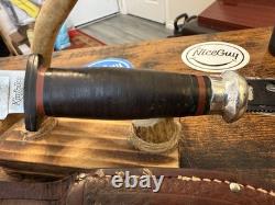 Vtg. Kinfolks Fixed Blade Knife Stacked Leather Handle w Sheath, Good Condition