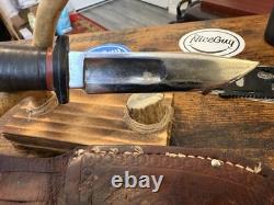 Vtg. Kinfolks Fixed Blade Knife Stacked Leather Handle w Sheath, Good Condition