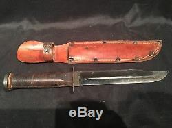 Vtg Original Western Large Bowie Hunting Combat Knife Leather Scabbard Sheath