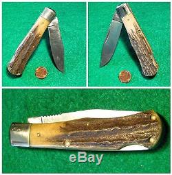 Vtg Pocket Blade Hunt USA OLD BULLWHIPCUTCOTRAPPERKnife 1 Rare STAG Case Puma
