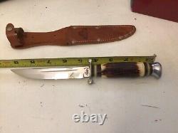 Vtg Rare Hubectus Solingen Hunting Knife Leather Sheath Stag Horn Handle