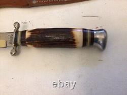 Vtg Rare Hubectus Solingen Hunting Knife Leather Sheath Stag Horn Handle