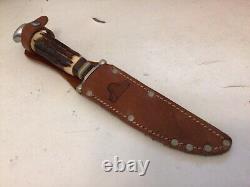 Vtg Rare Hubectus Solingen Hunting Knife Leather Sheath Stag Horn Handle