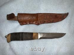 Vtg S&S Helle Holmedal Norge Stacked Leather Hunting Knife withOriginal Sheath