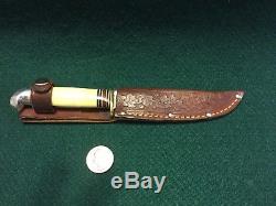 VtgWESTERNBOULDER, COLO. White 4.5 Hunting knife withACORN LEATHER SHEATH
