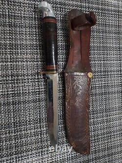Western Boulder Co Hunting Knife WithTooled Leather Sheath Fixed Blade Made In USA