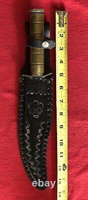 Wilderness Survival Knife Brass Storage Handle Vintage Black Sheath